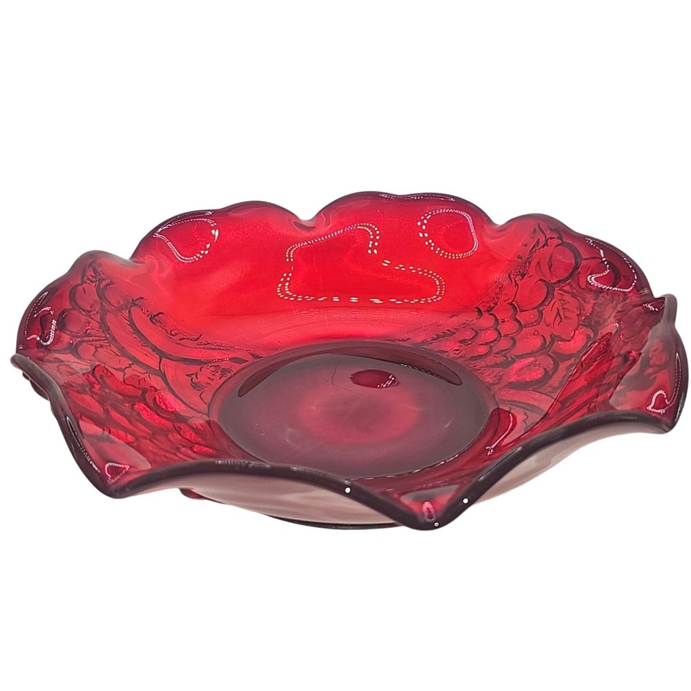 VTG Indiana Glass Deep Ruby Red Glass Ruffled Collar Fruit Bowl Cadmium Glow - Picture 5 of 9
